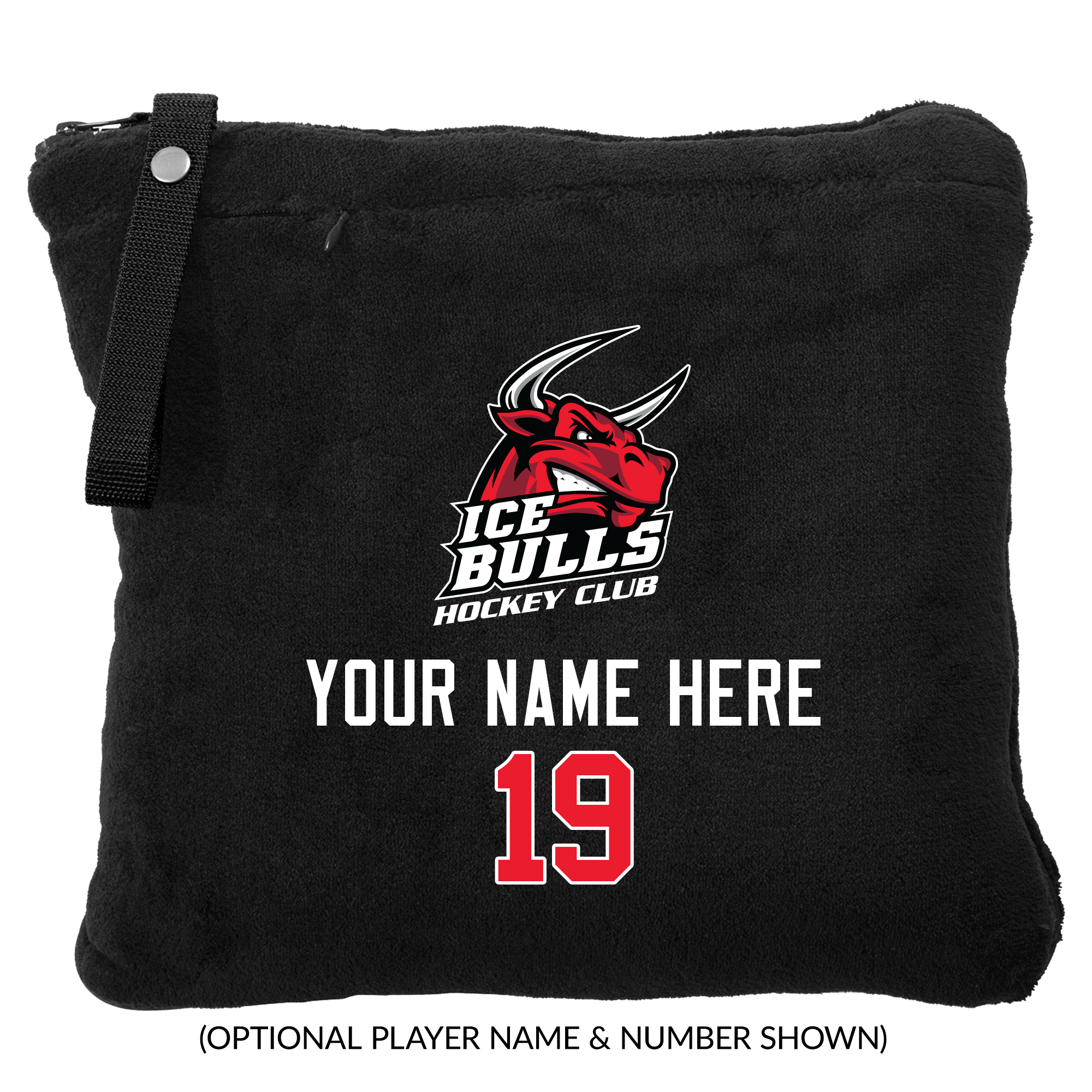 Bloomingdale Ice Bulls packable travel blanket, customized, black