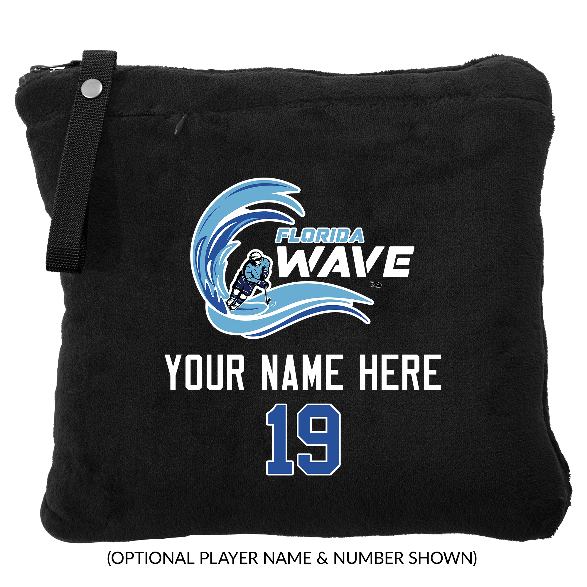 Florida Wave packable travel blanket, customized, black