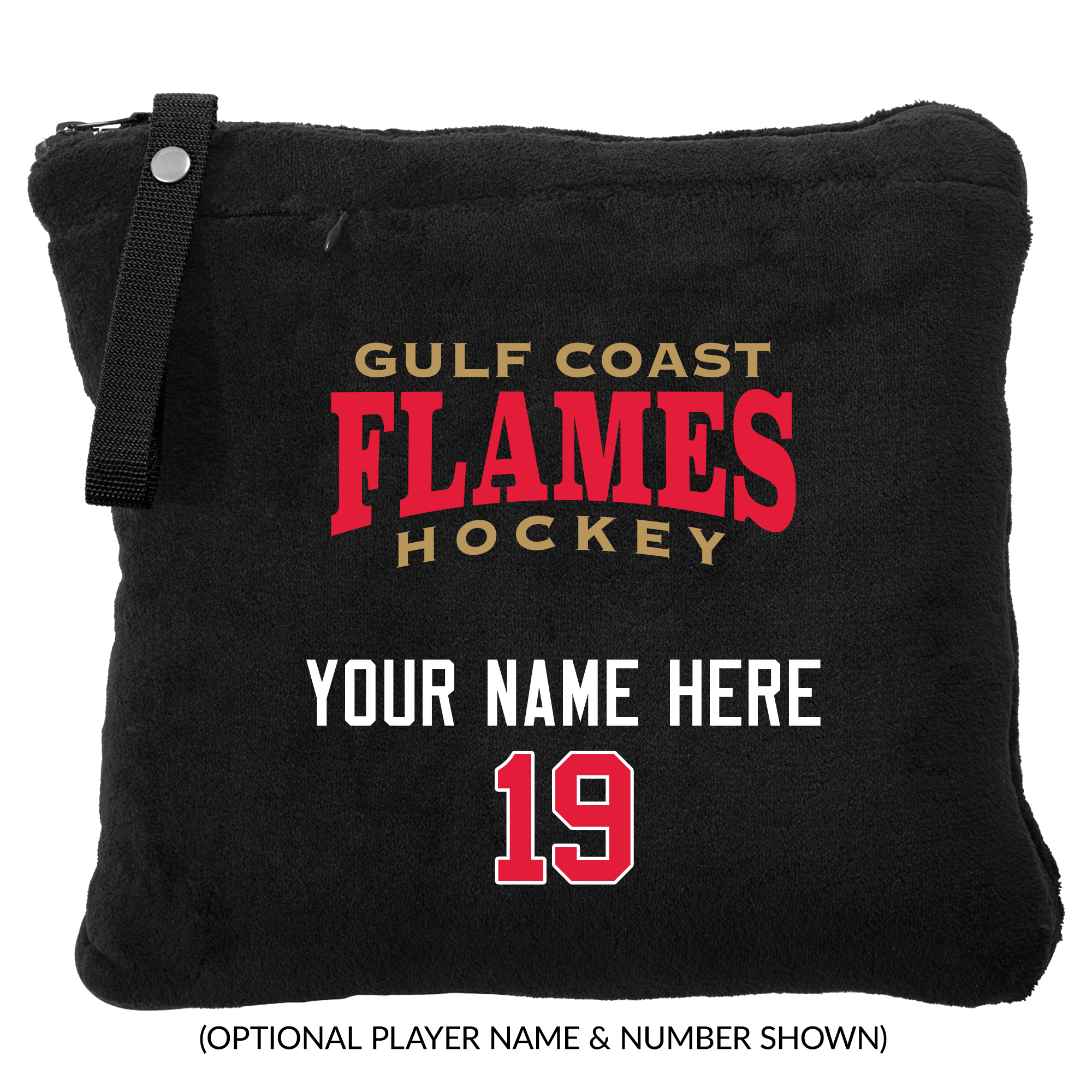 Gulf Coast Flames packable travel blanket, customized, black