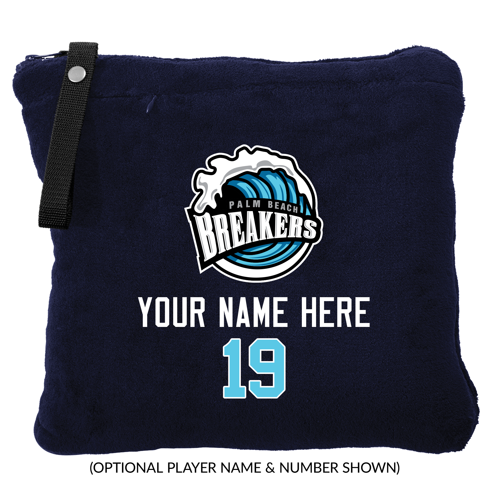 Palm Beach Breakers packable travel blanket, customized, deep navy