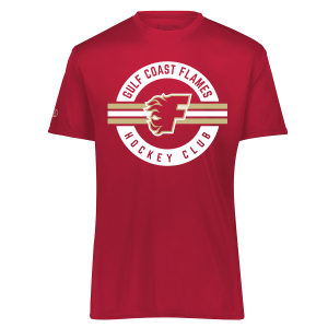 Gulf Coast Flames performance tee, 2026 circle logo, scarlet