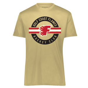 Gulf Coast Flames performance tee, 2026 circle logo, Vegas gold