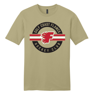 Gulf Coast Flames unisex tee, 2026 circle logo, desert tan