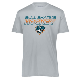 TGH Bull Sharks performance tee, 2026 hockey logo, silver