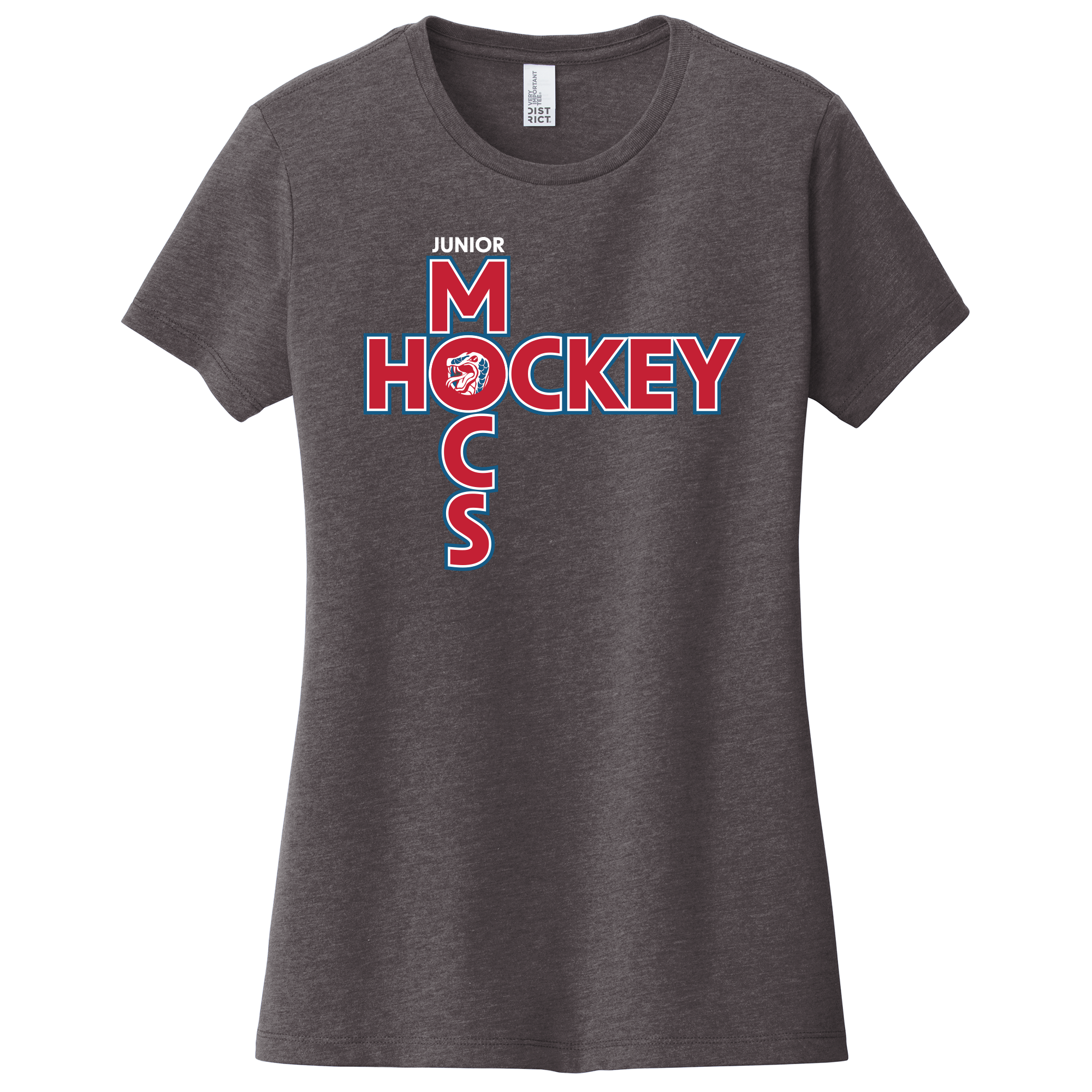 Jr. Mocs women's tee, crossed logo, weathered charcoal