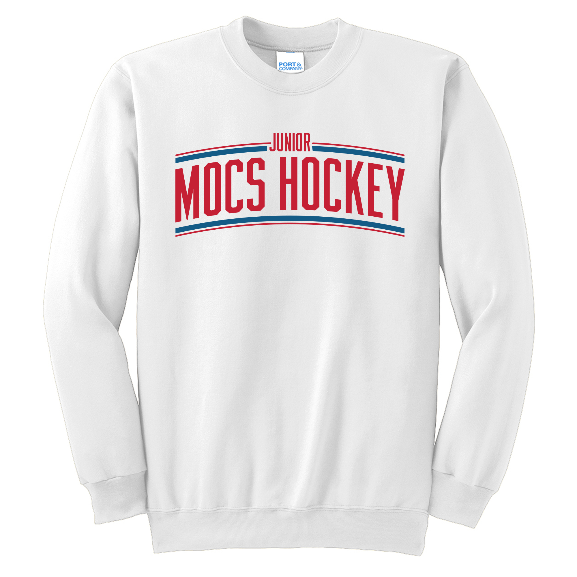 Jr. Mocs crewneck sweatshirt, curved logo, white