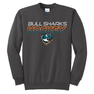 TGH Bull Sharks crewneck sweatshirt, 2026 hockey logo, charcoal