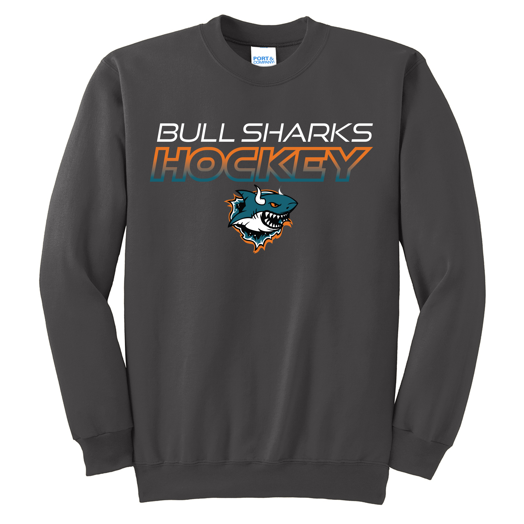 TGH Bull Sharks crewneck sweatshirt, 2026 hockey logo, charcoal