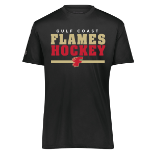Gulf Coast Flames performance tee, 2026 bar logo, black