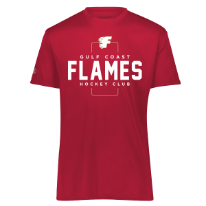Gulf Coast Flames performance tee, 2026 box logo, scarlet