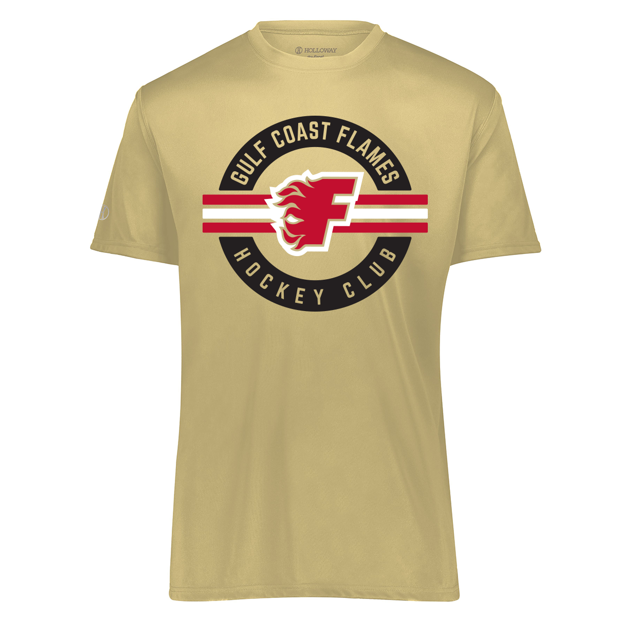 Gulf Coast Flames performance tee, 2026 circle logo, Vegas gold
