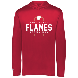 Gulf Coast Flames lightweight performance hoodie, 2026 box logo, scarlet