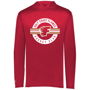Gulf Coast Flames lightweight performance hoodie, 2026 circle logo, scarlet